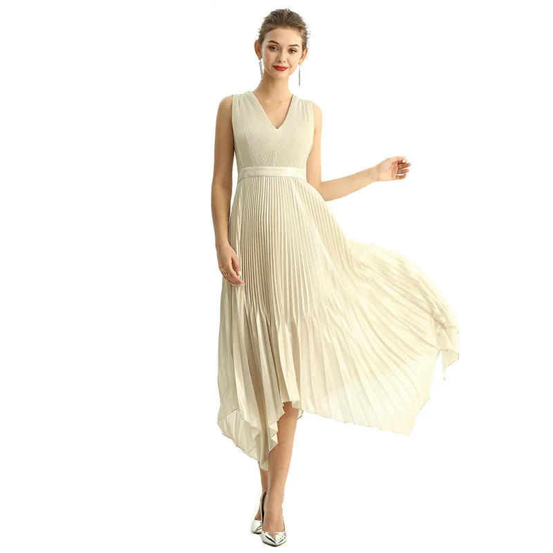 D205 Women metallic chiffon sunburst pleated midi evening dress