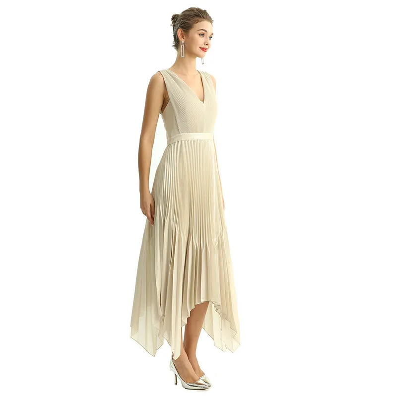 D205 Women metallic chiffon sunburst pleated midi evening dress