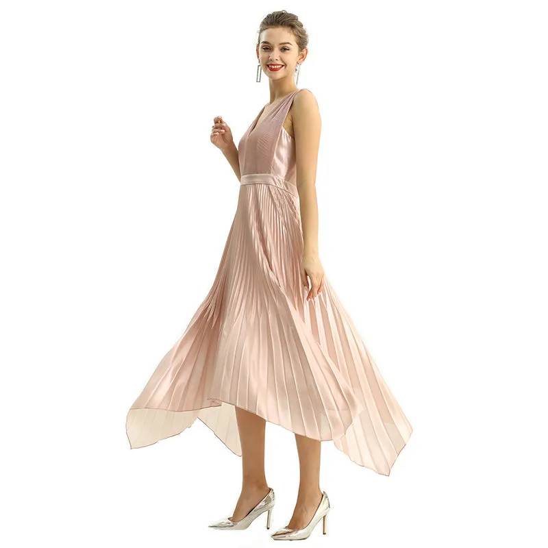 D205 Women metallic chiffon sunburst pleated midi evening dress