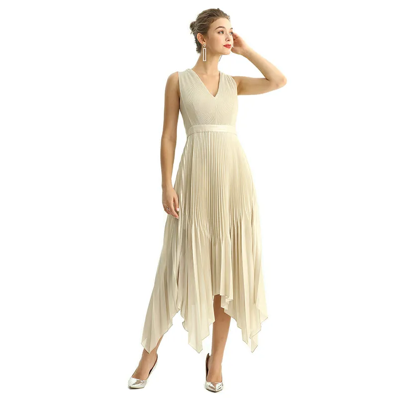 D205 Women metallic chiffon sunburst pleated midi evening dress