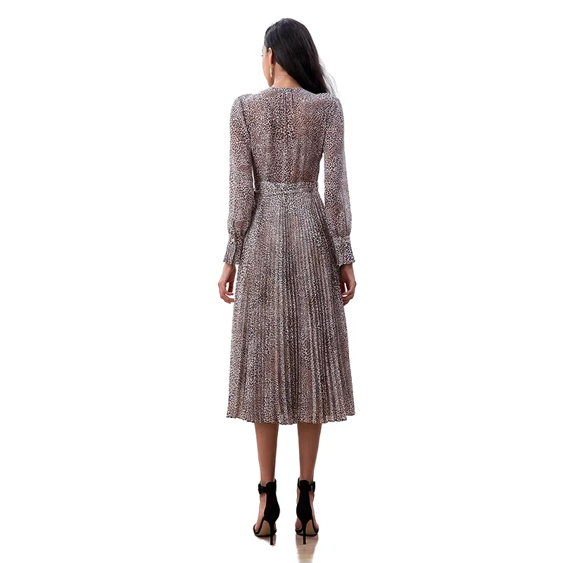 D262 Women leopard print chiffon long puff sleeves wrap design pleated midi dress