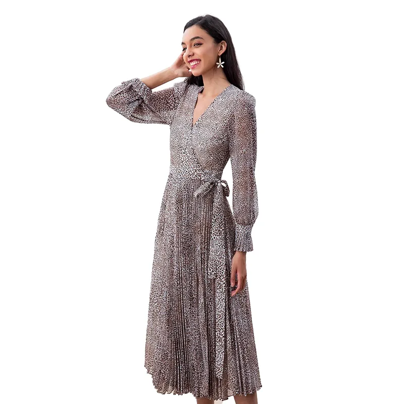 D262 Women leopard print chiffon long puff sleeves wrap design pleated midi dress