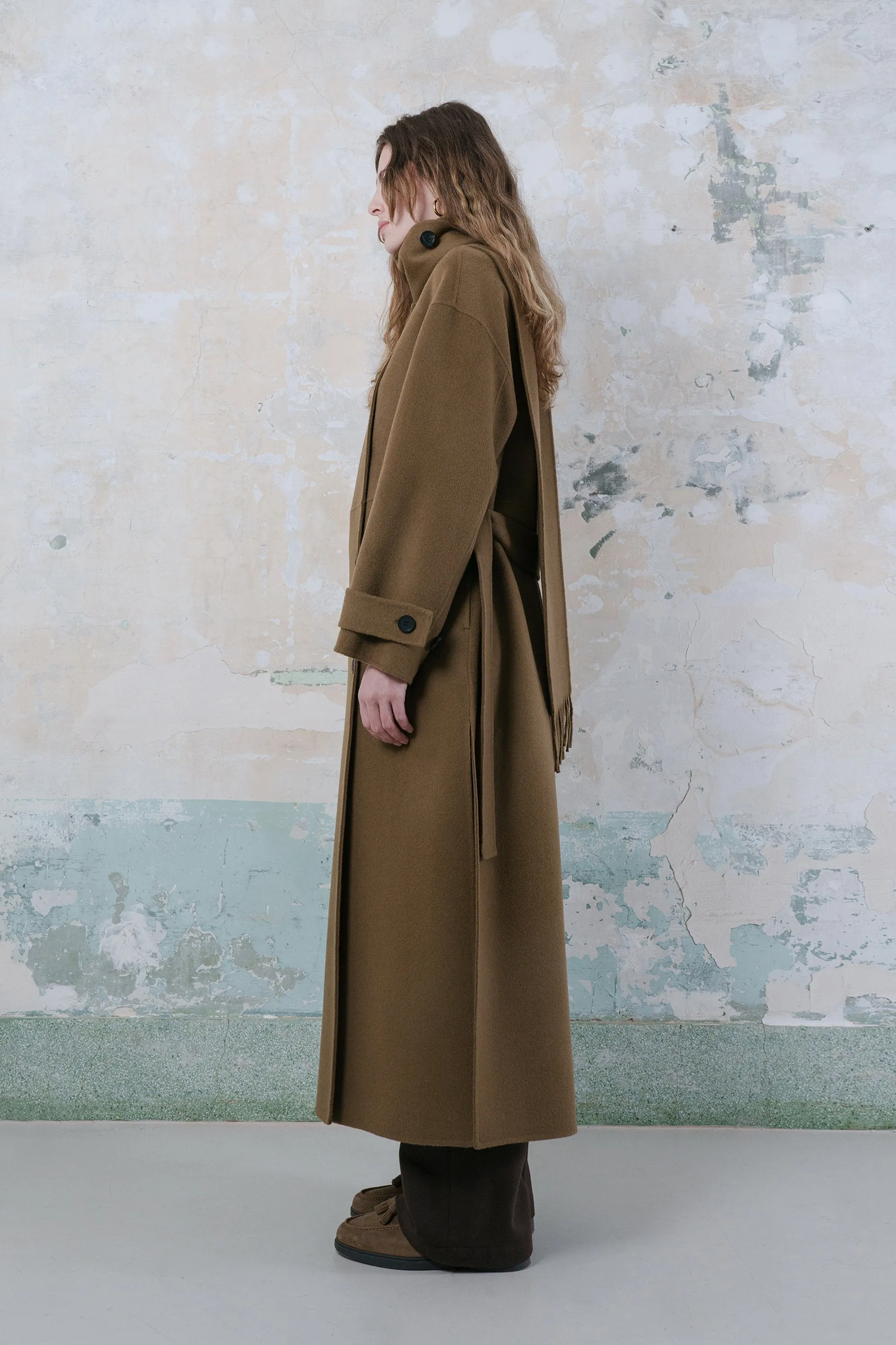 Double-faced wool-blend one-side muffler coat