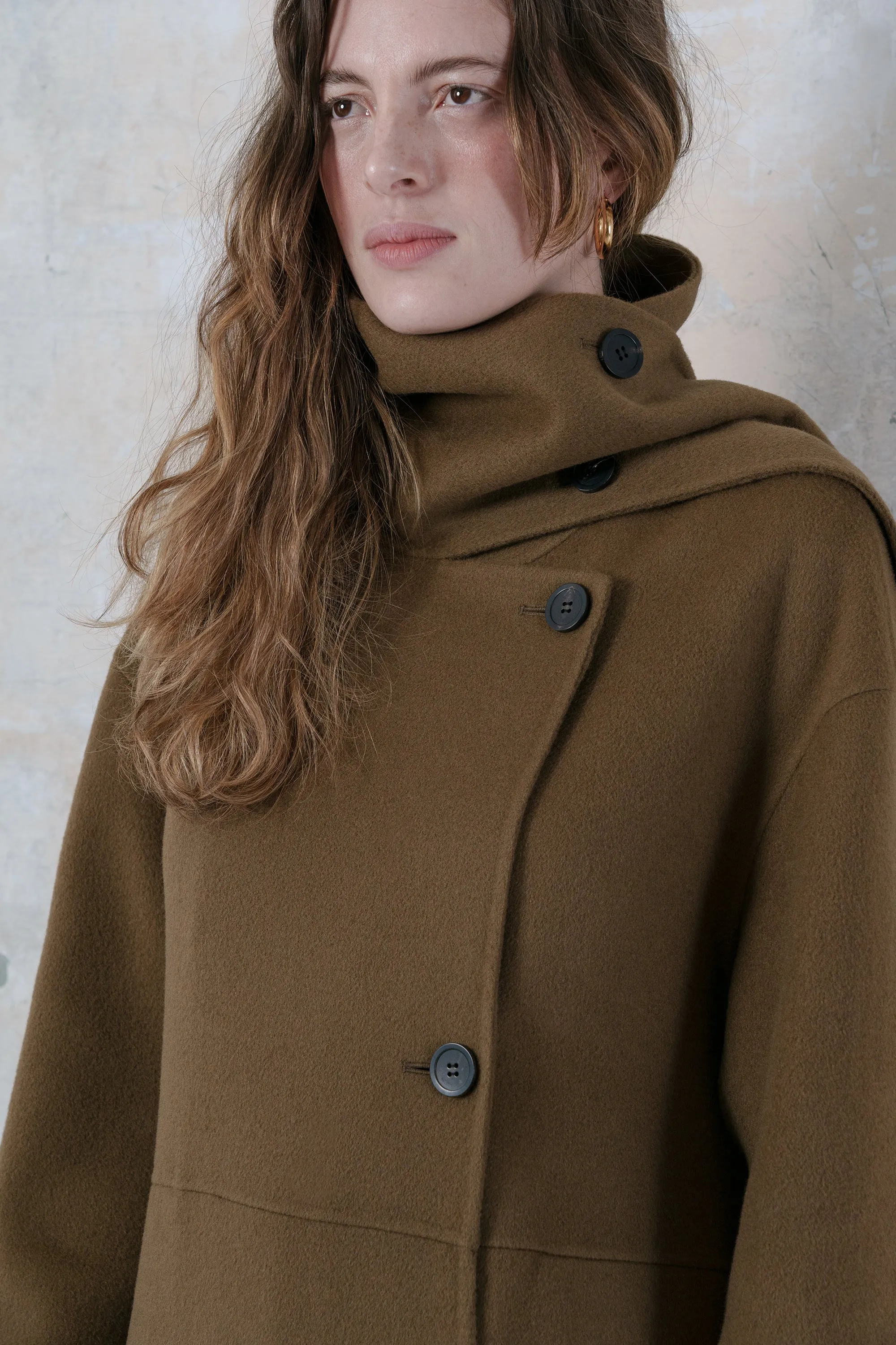 Double-faced wool-blend one-side muffler coat