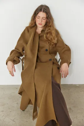 Double-faced wool-blend one-side muffler coat