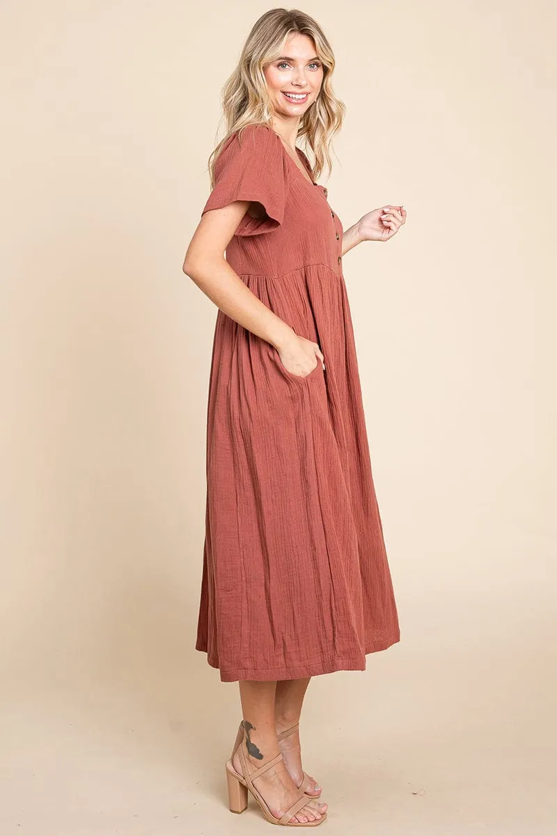 Double Gauze Square Neck Cotton Midi Shirt Dress, S-3X