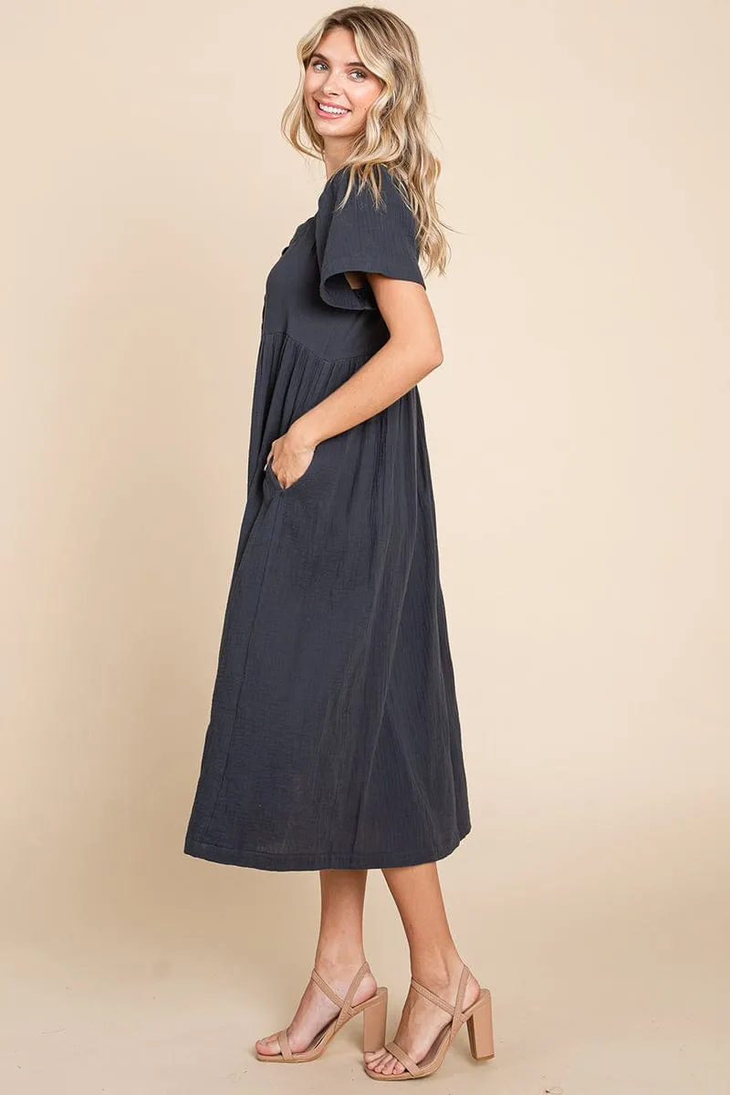 Double Gauze Square Neck Cotton Midi Shirt Dress, S-3X