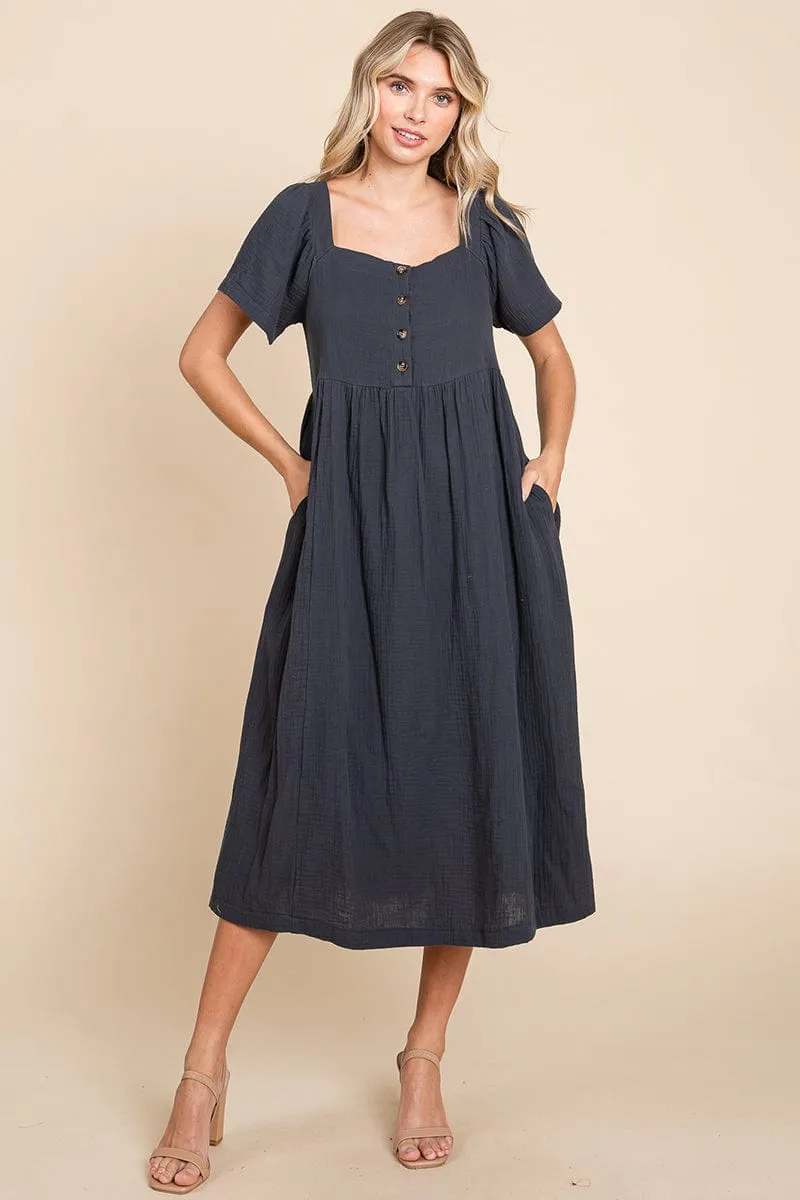 Double Gauze Square Neck Cotton Midi Shirt Dress, S-3X