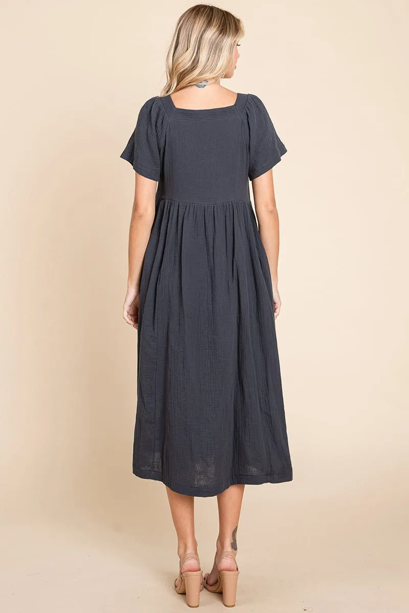 Double Gauze Square Neck Cotton Midi Shirt Dress, S-3X