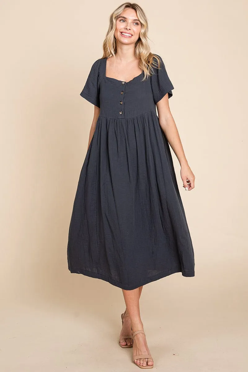 Double Gauze Square Neck Cotton Midi Shirt Dress, S-3X