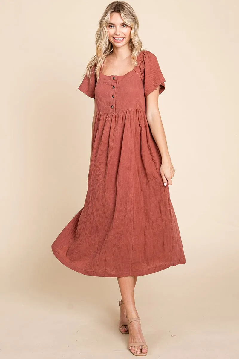 Double Gauze Square Neck Cotton Midi Shirt Dress, S-3X