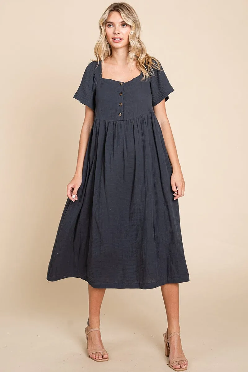 Double Gauze Square Neck Cotton Midi Shirt Dress, S-3X