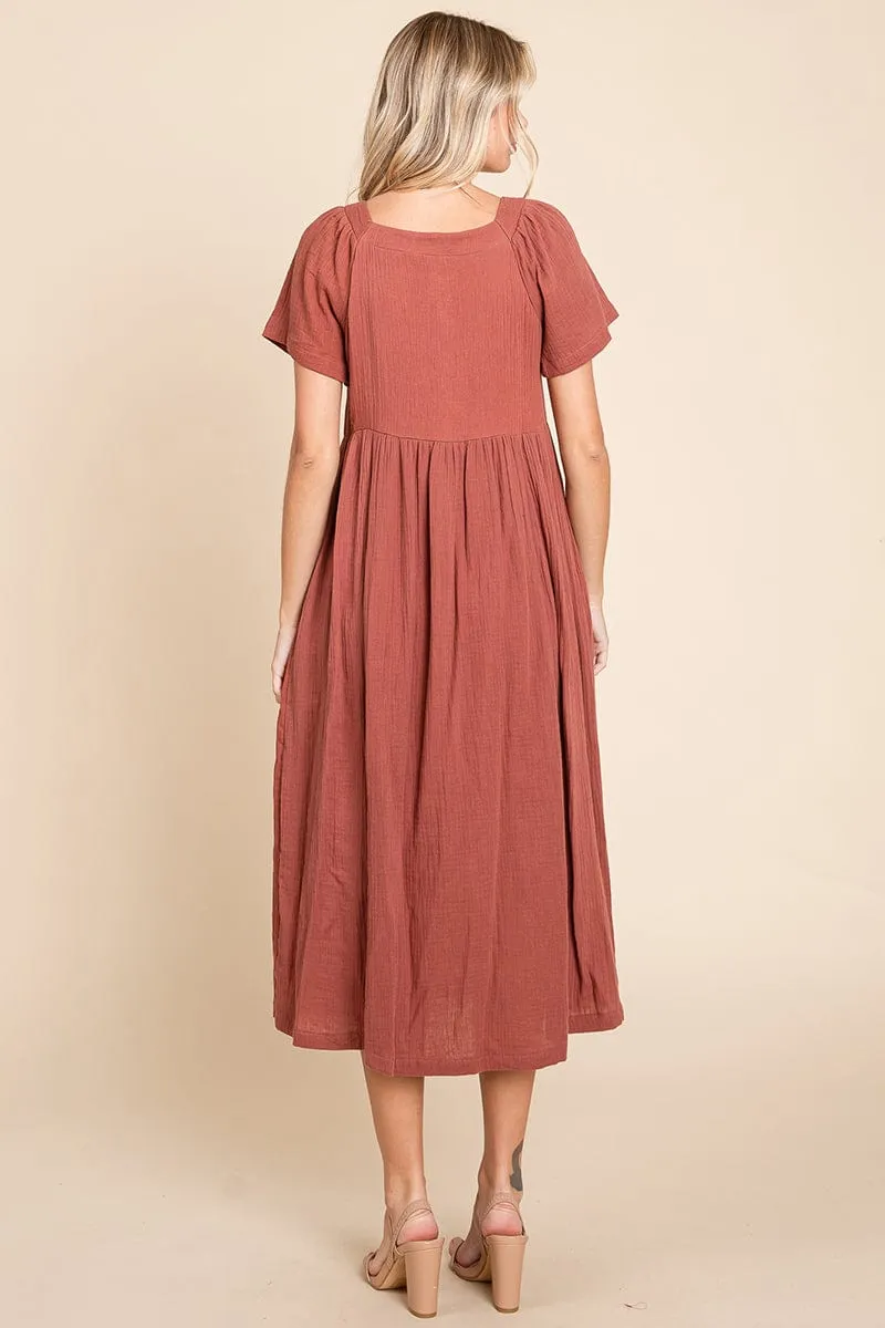 Double Gauze Square Neck Cotton Midi Shirt Dress, S-3X