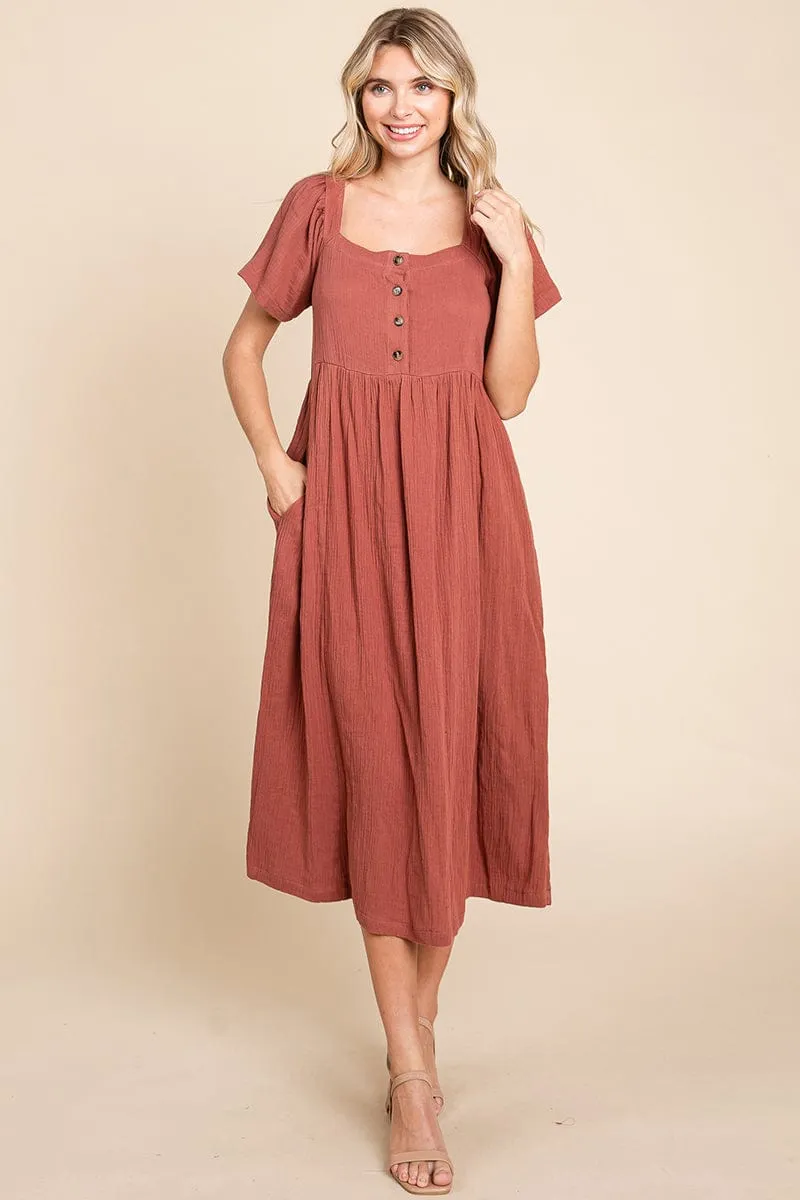 Double Gauze Square Neck Cotton Midi Shirt Dress, S-3X