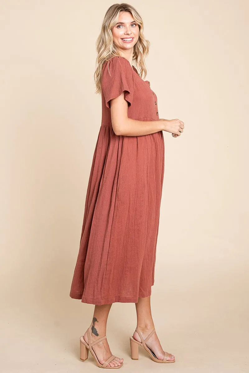 Double Gauze Square Neck Cotton Midi Shirt Dress, S-3X