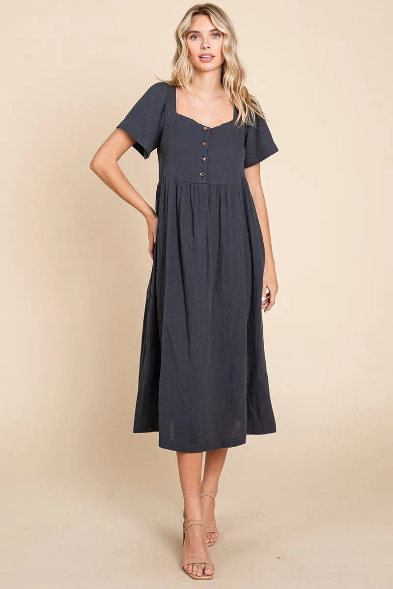 Double Gauze Square Neck Cotton Midi Shirt Dress, S-3X