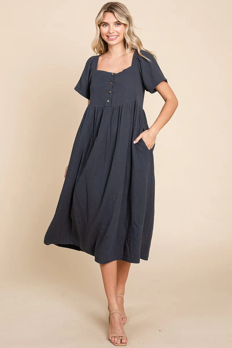 Double Gauze Square Neck Cotton Midi Shirt Dress, S-3X