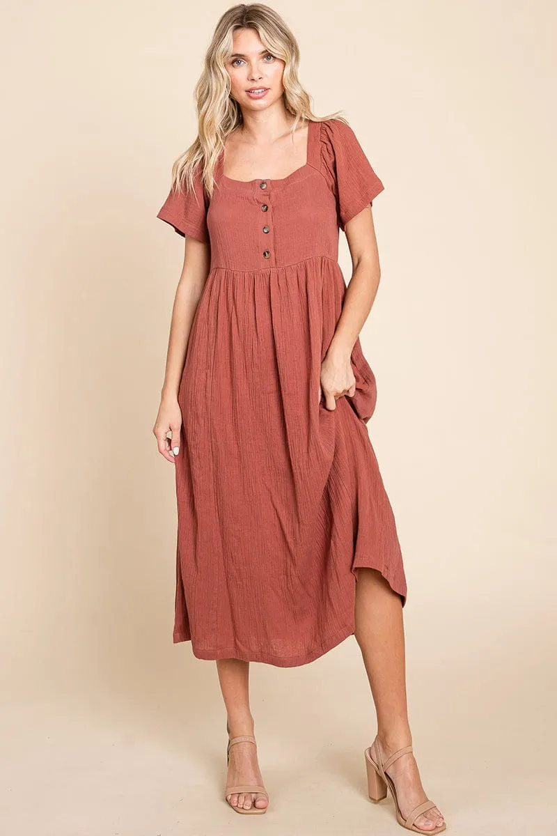 Double Gauze Square Neck Cotton Midi Shirt Dress, S-3X