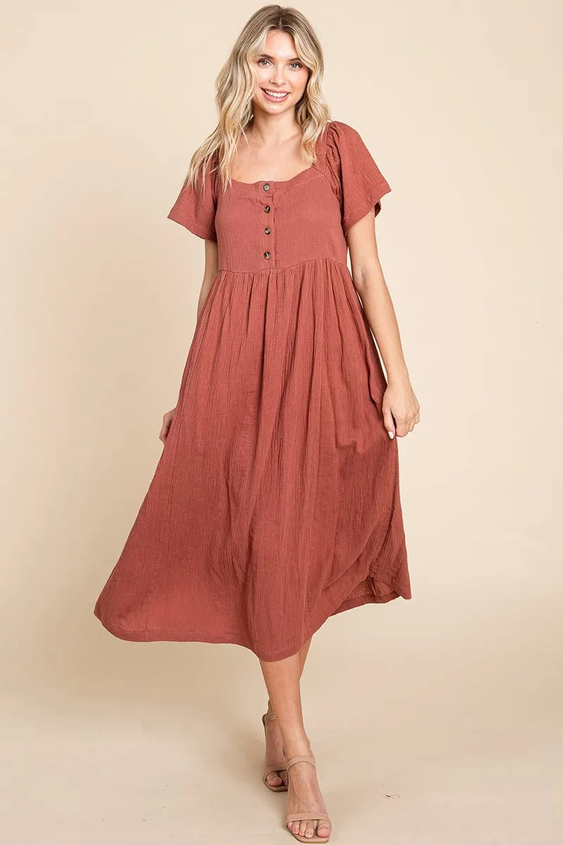 Double Gauze Square Neck Cotton Midi Shirt Dress, S-3X