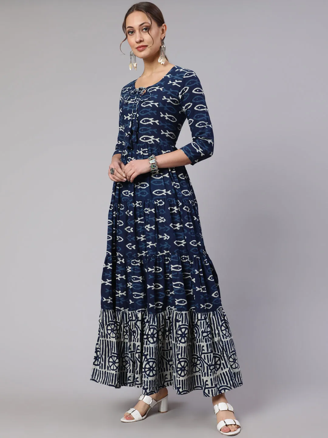 DRESS - BLUE, COTTON PRINTED ANKLE LENGTH FLARED