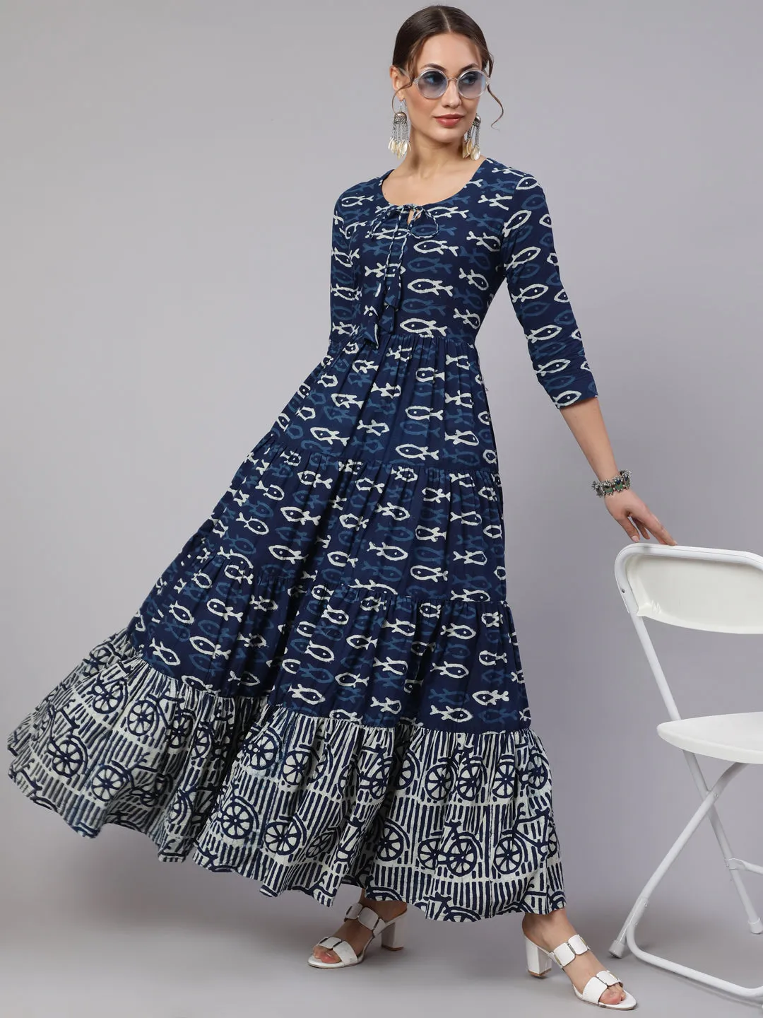 DRESS - BLUE, COTTON PRINTED ANKLE LENGTH FLARED