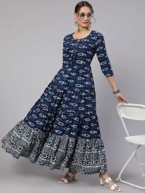 DRESS - BLUE, COTTON PRINTED ANKLE LENGTH FLARED