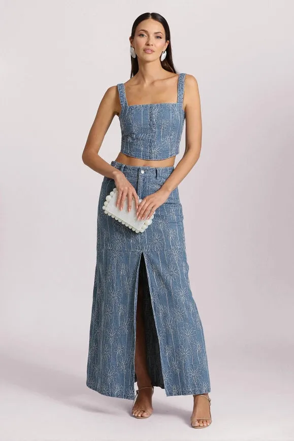 Embroidered Denim Maxi Skirt