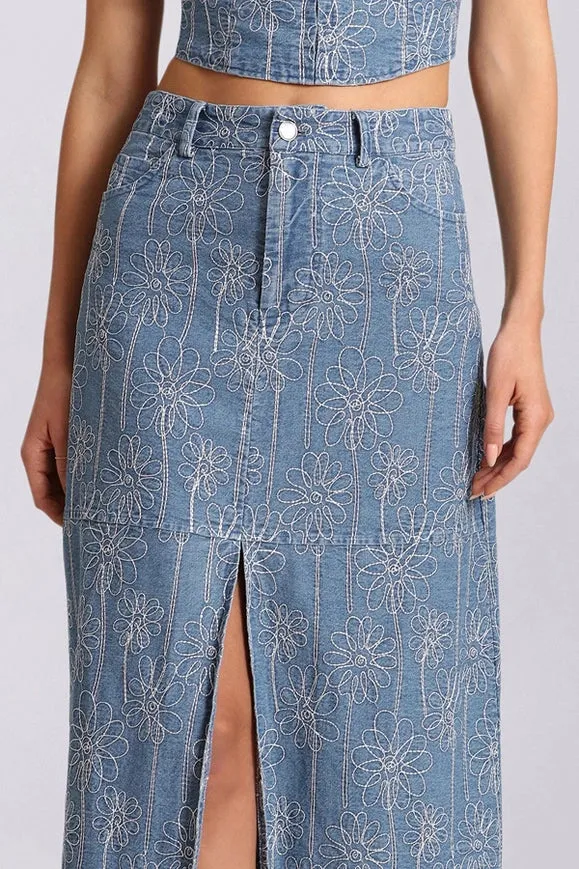 Embroidered Denim Maxi Skirt