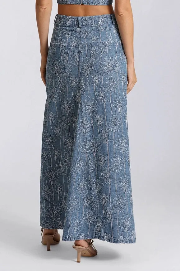 Embroidered Denim Maxi Skirt