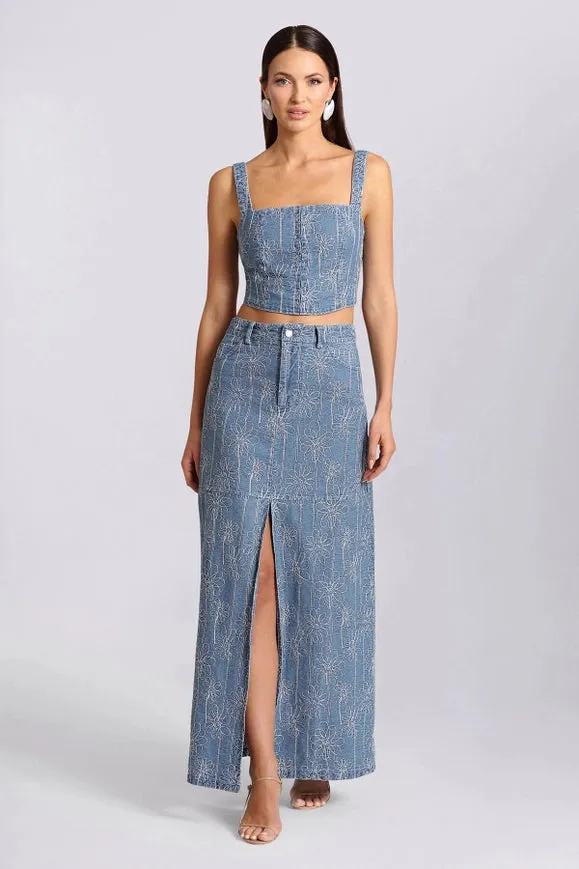 Embroidered Denim Maxi Skirt