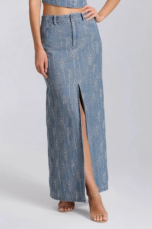 Embroidered Denim Maxi Skirt