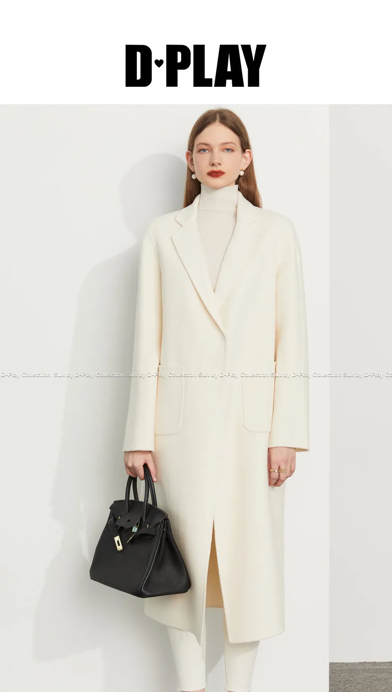 Fall Autumn Cream White Lapel Slit Wide Belt Double Wool Coat - Tianna