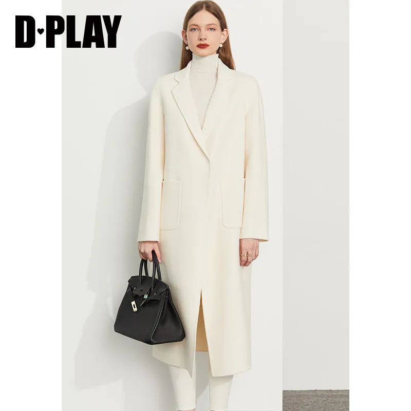 Fall Autumn Cream White Lapel Slit Wide Belt Double Wool Coat - Tianna