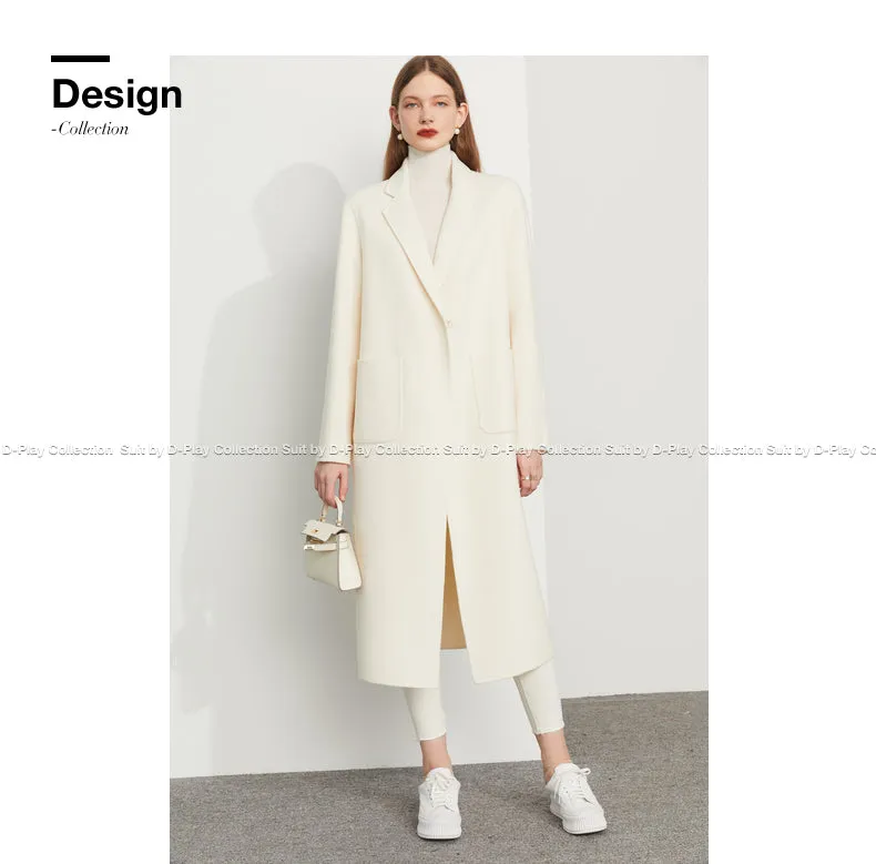 Fall Autumn Cream White Lapel Slit Wide Belt Double Wool Coat - Tianna