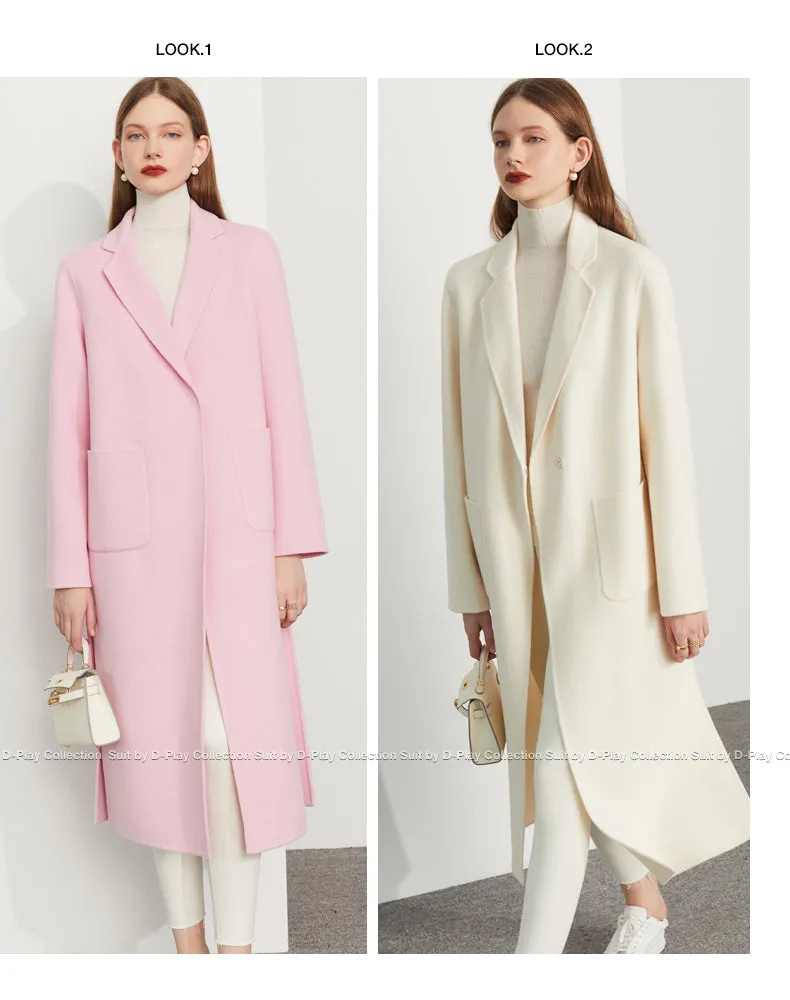 Fall Autumn Cream White Lapel Slit Wide Belt Double Wool Coat - Tianna