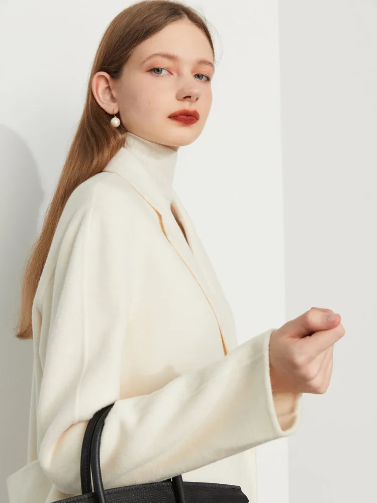 Fall Autumn Cream White Lapel Slit Wide Belt Double Wool Coat - Tianna