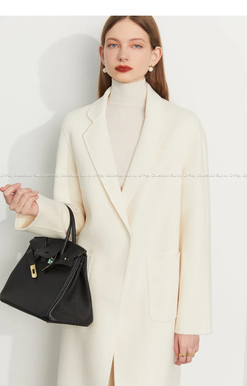 Fall Autumn Cream White Lapel Slit Wide Belt Double Wool Coat - Tianna