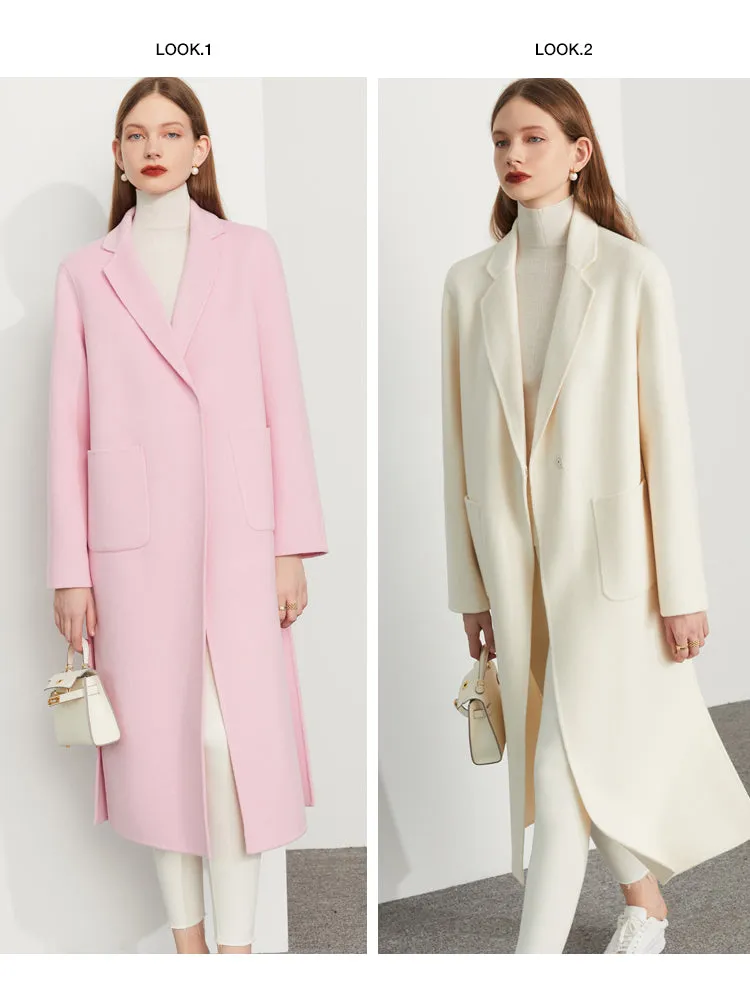 Fall Autumn Cream White Lapel Slit Wide Belt Double Wool Coat - Tianna