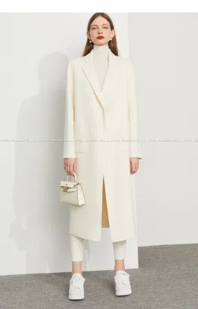 Fall Autumn Cream White Lapel Slit Wide Belt Double Wool Coat - Tianna