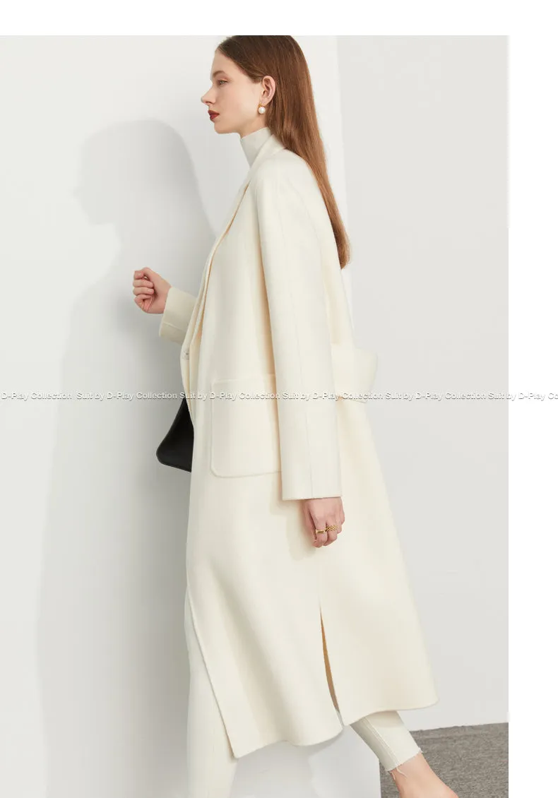 Fall Autumn Cream White Lapel Slit Wide Belt Double Wool Coat - Tianna