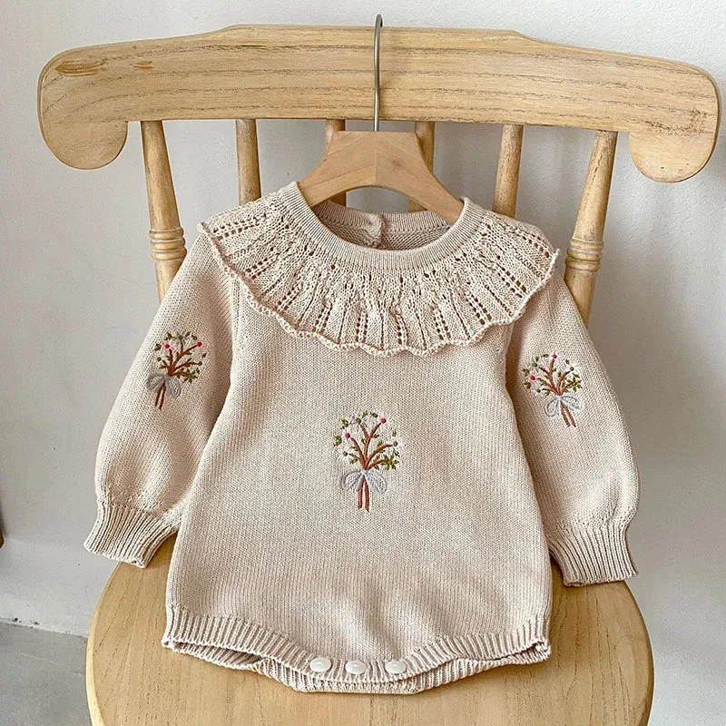 Floral Embroidered Baby Girls Sweater Jumpsuit