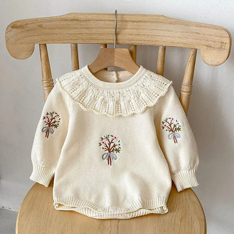 Floral Embroidered Baby Girls Sweater Jumpsuit