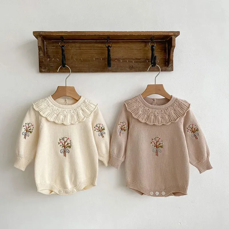 Floral Embroidered Baby Girls Sweater Jumpsuit