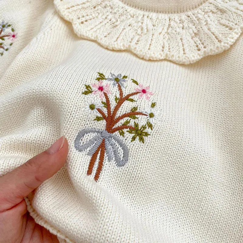 Floral Embroidered Baby Girls Sweater Jumpsuit