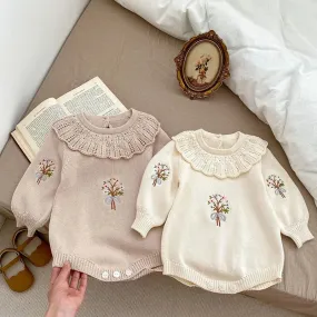 Floral Embroidered Baby Girls Sweater Jumpsuit