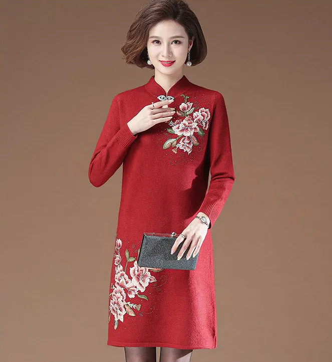 Floral Embroidery Mandarin Collar Knee Length Modern Cheongsam A-line Knit Dress