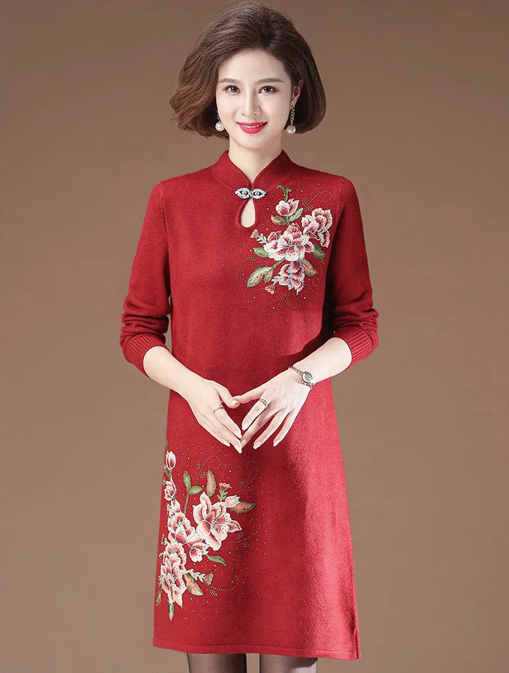 Floral Embroidery Mandarin Collar Knee Length Modern Cheongsam A-line Knit Dress