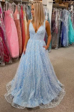 Gorgeous V Neck Light Blue Lace Prom Dress with Pocket, Long Formal Gown GP377