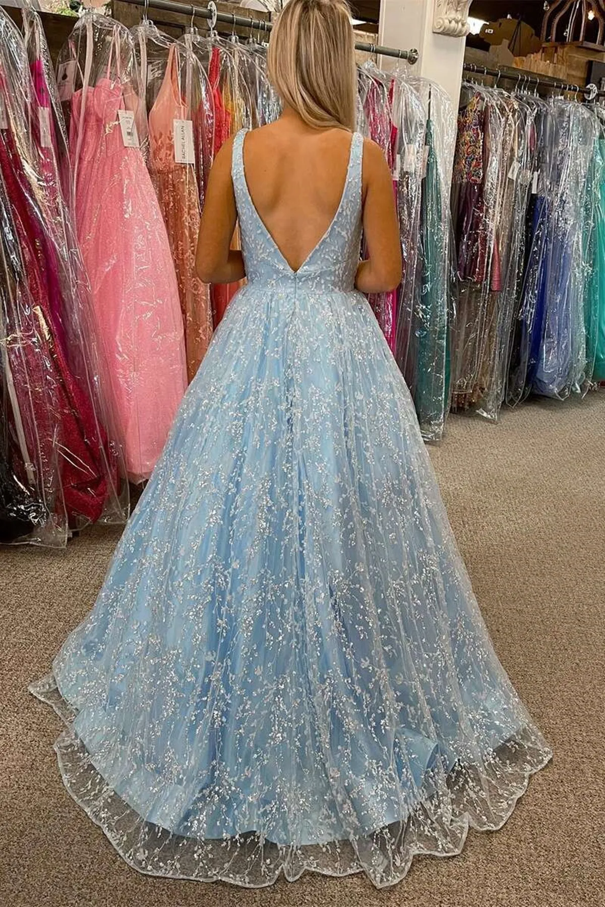 Gorgeous V Neck Light Blue Lace Prom Dress with Pocket, Long Formal Gown GP377