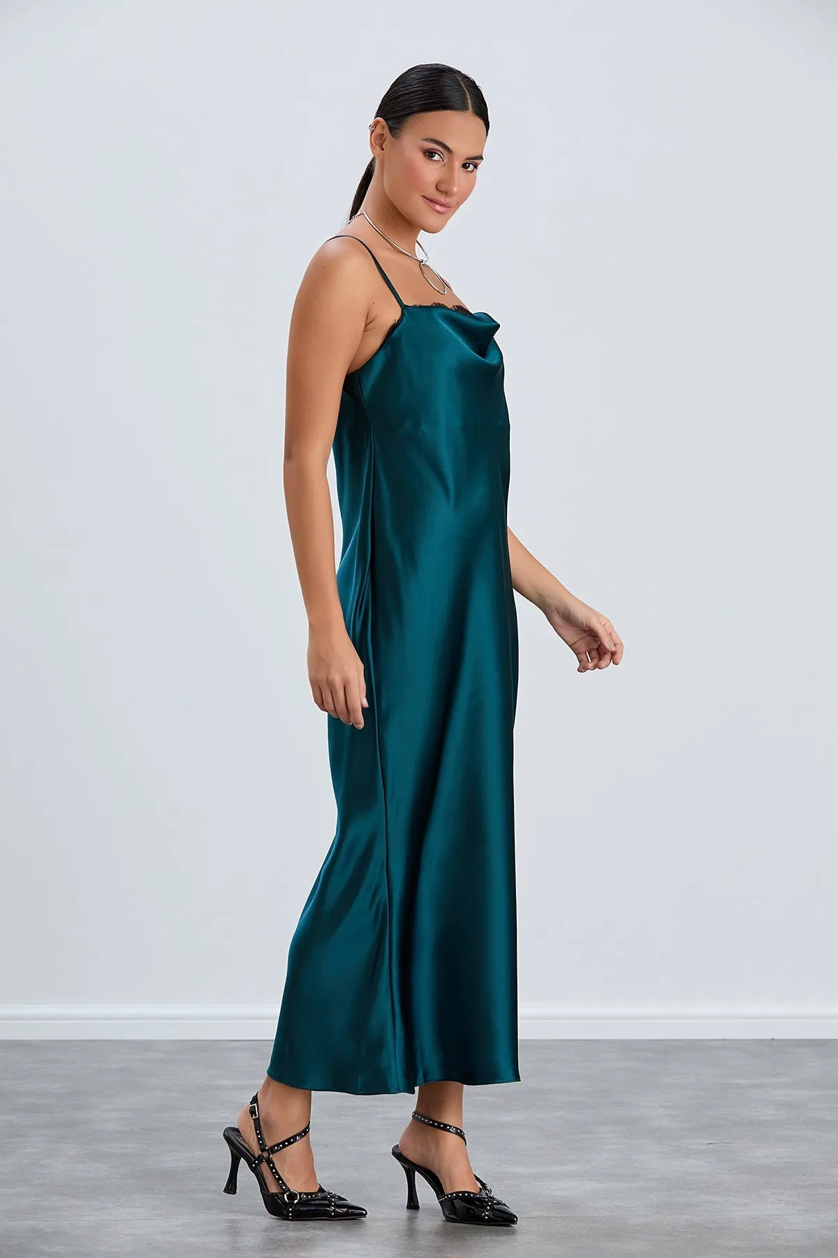 Green Satin Cami Dress with Delicate Lace